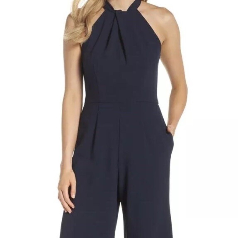 Julia Jordan Womens Halter Twist Neck Jumpsuit Navy 10 Pockets MSRP $138 NWT